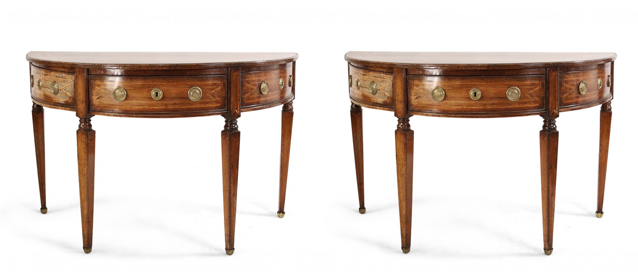 English Sheraton Style Demilune Inlaid Oak Console Tables